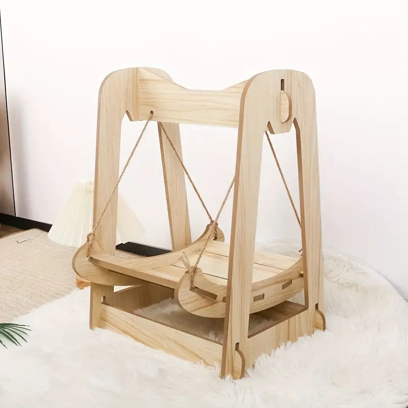 NNETM Wooden Rocking Bed Cat Furniture - Double Layer Cat Hammock-4
