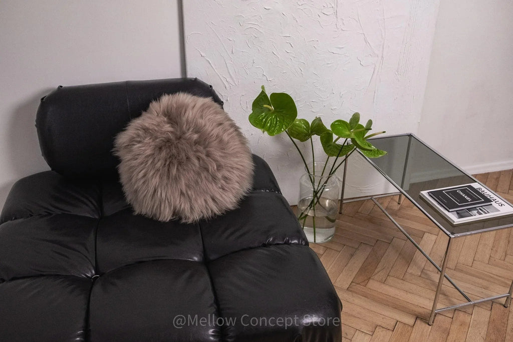 Round Natural Sheepskin Pillow - Greige