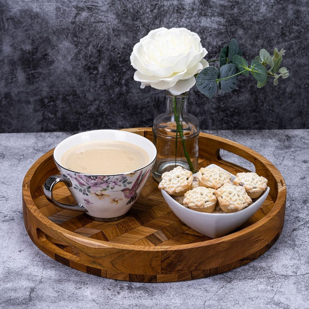 Herringbone Pattern Round Wooden Serving Tray-2