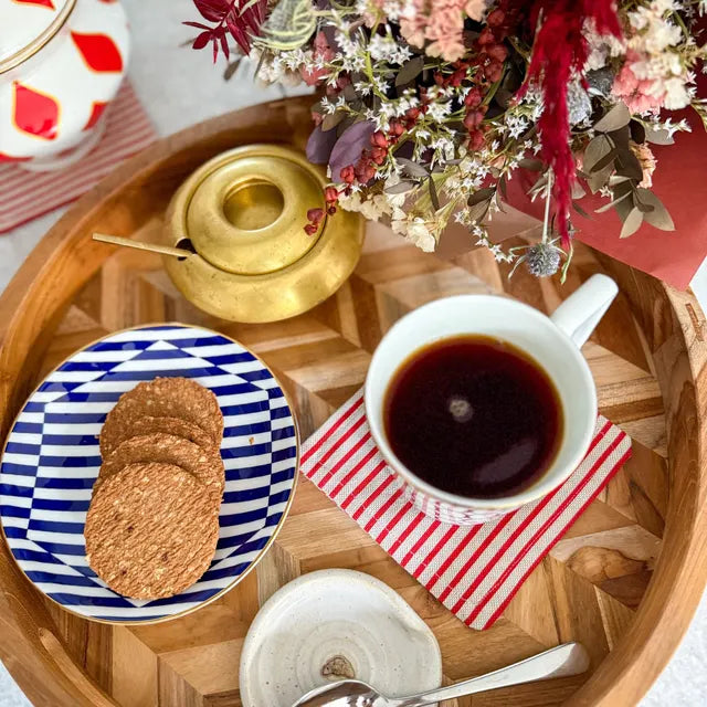 Herringbone Pattern Round Wooden Serving Tray-1