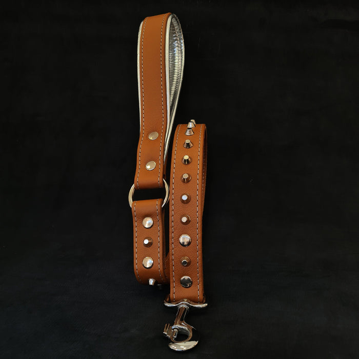Laisse cloute en cuir souple marron pour chien