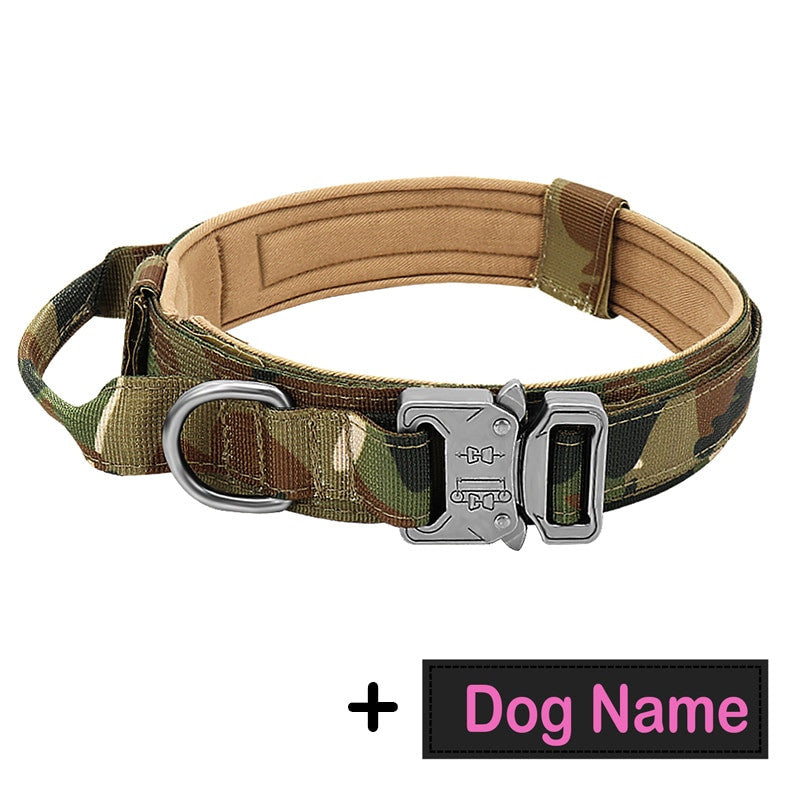 Collar tactico de nylon con asa y placa para perro