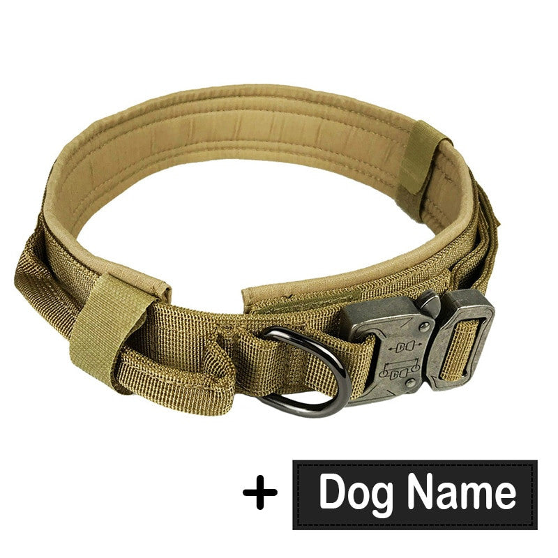 Collar tactico de nylon con asa y placa para perro