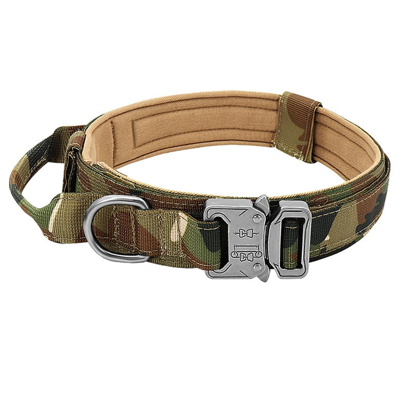 Collar tactico de nylon con asa y placa para perro