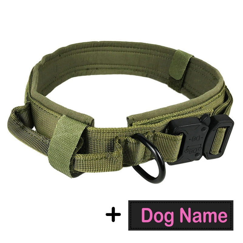 Collar tactico de nylon con asa y placa para perro