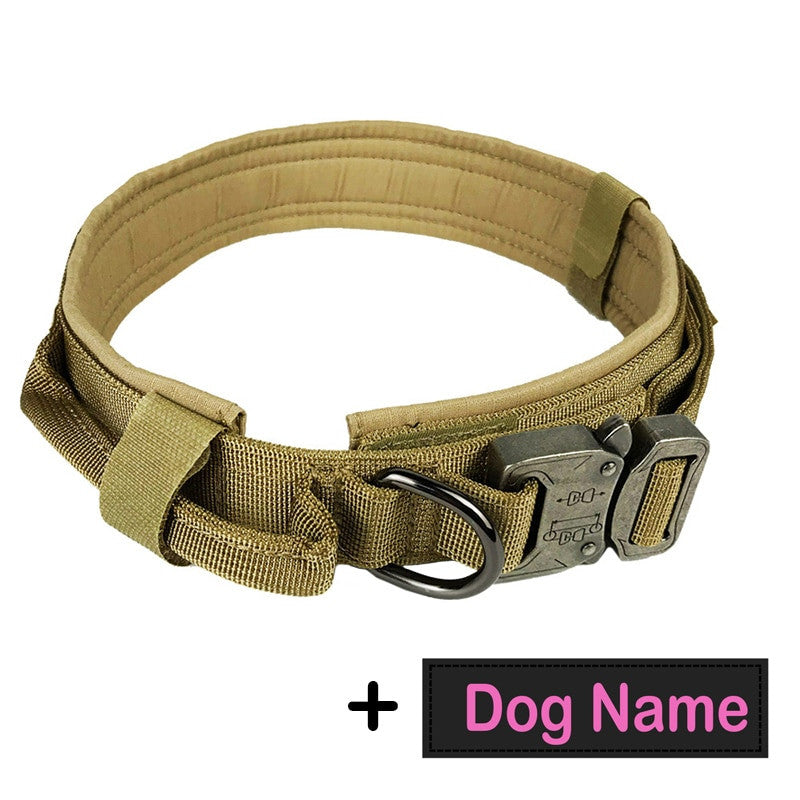 Collar tactico de nylon con asa y placa para perro