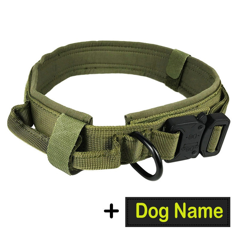 Collar tactico de nylon con asa y placa para perro