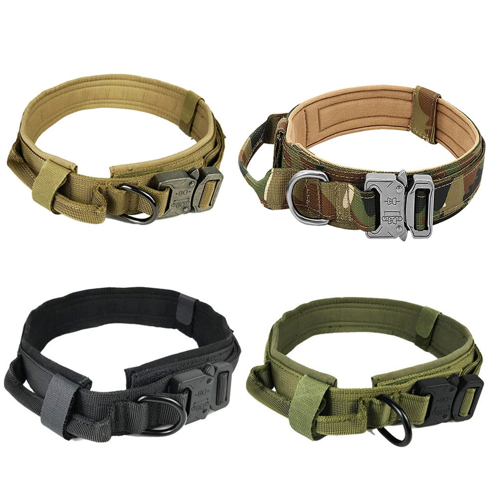 Collar tactico de nylon con asa y placa para perro