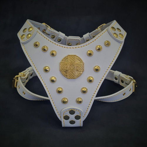 Arnés Maximus blanco y dorado para perros