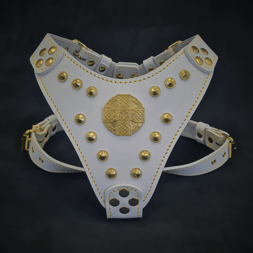 Arnés Maximus blanco y dorado para perros