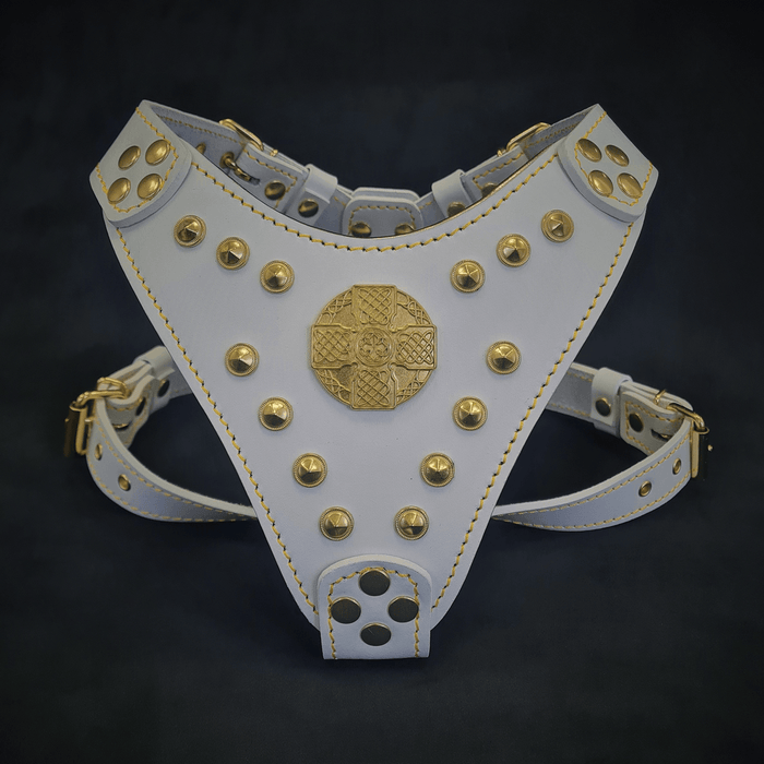 Arnés Maximus blanco y dorado para perros